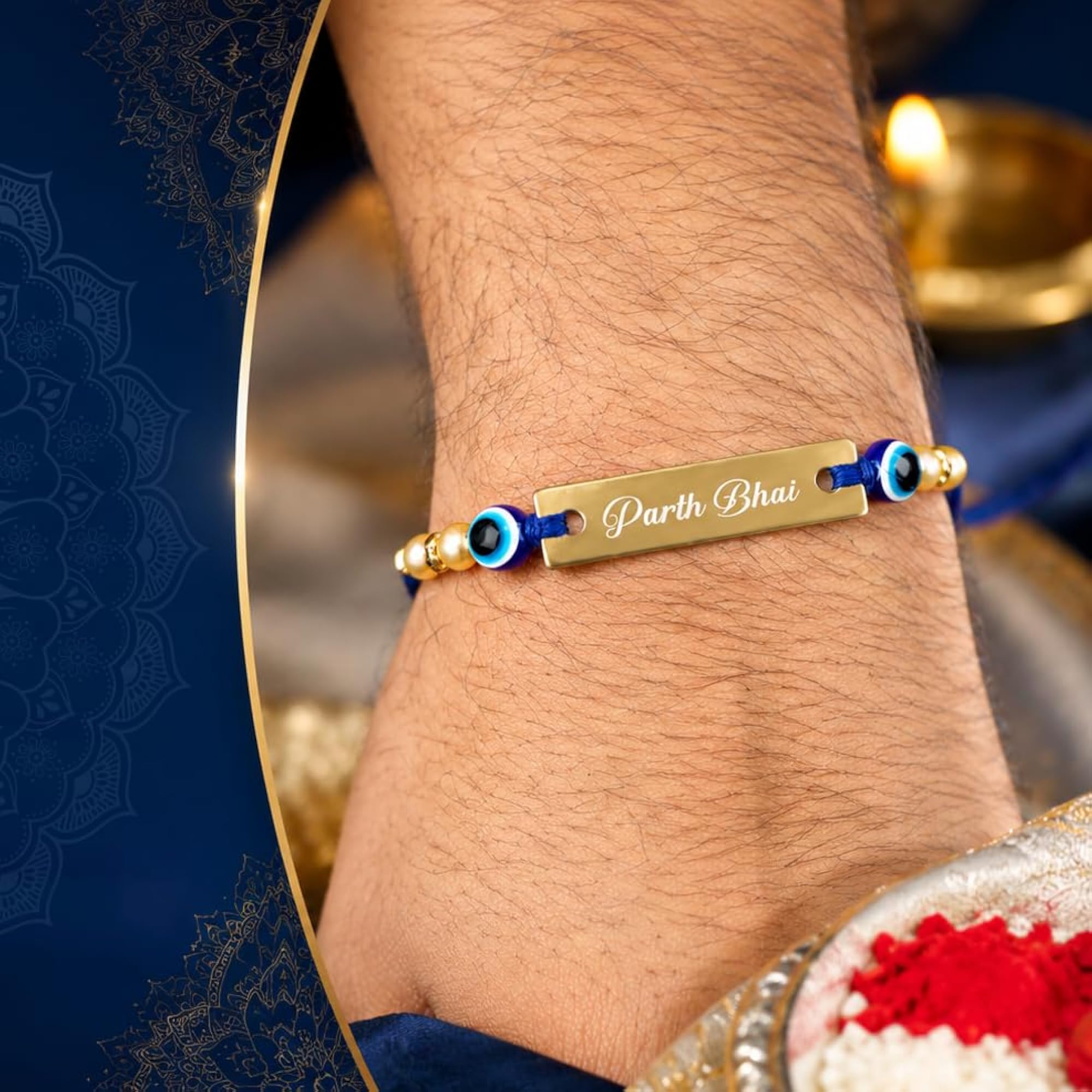 Personalized Evil Eye Rakhi with Roli Chawal for Brother